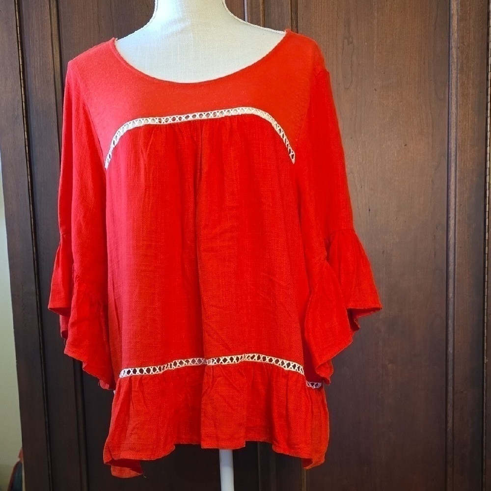 Umgee USA Red Bell Sleeve Lace Trim Peasant Tunic Blouse Top Large - Picture 2 of 7